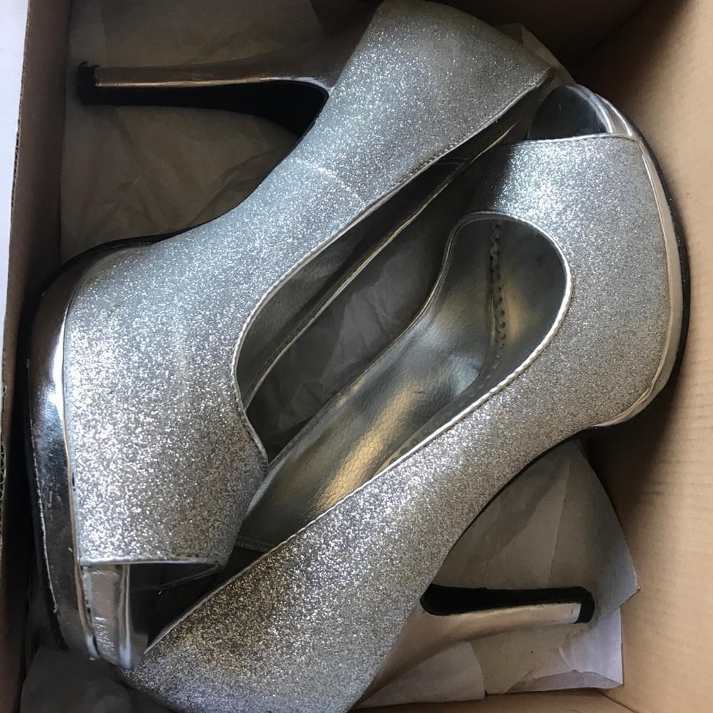 Silver open toe heels